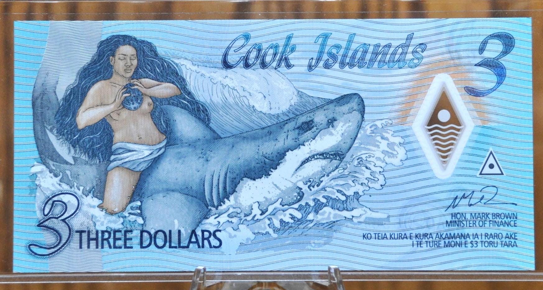 2021 Cook Islands Redesign 3 Dollar Note- Legend of Ina Issue - Celebratory Redesign Note - 2021 Three Dollar Cook Islands Shark Note