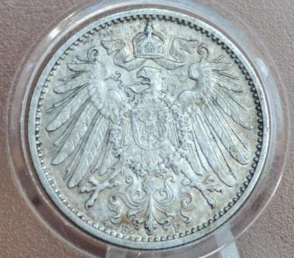 1910 German 1 Mark, F Mint Mark - AU (About Uncirculated), Lustrous - German Empire Silver One Mark 1910, Stuttgart Mint