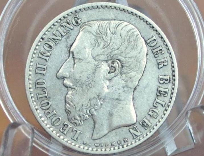 Rarer 1887 Belgian 1 Franc Silver - Leopold II - XF+ Condition - 80% Silver Belgian 1 Franc Coin 1887