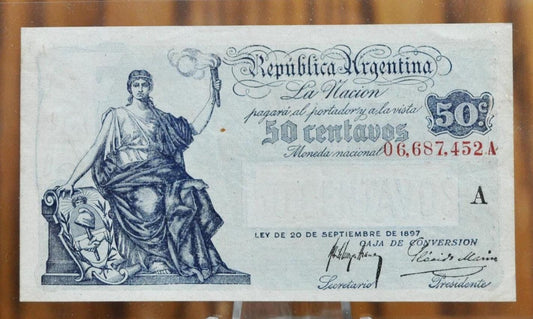 1922 Republica Argentina 50 Centavos Note - Almost Uncirculated - Series A - 1922 Argentina Fifty Centavos Fractional Bank Note - P#242