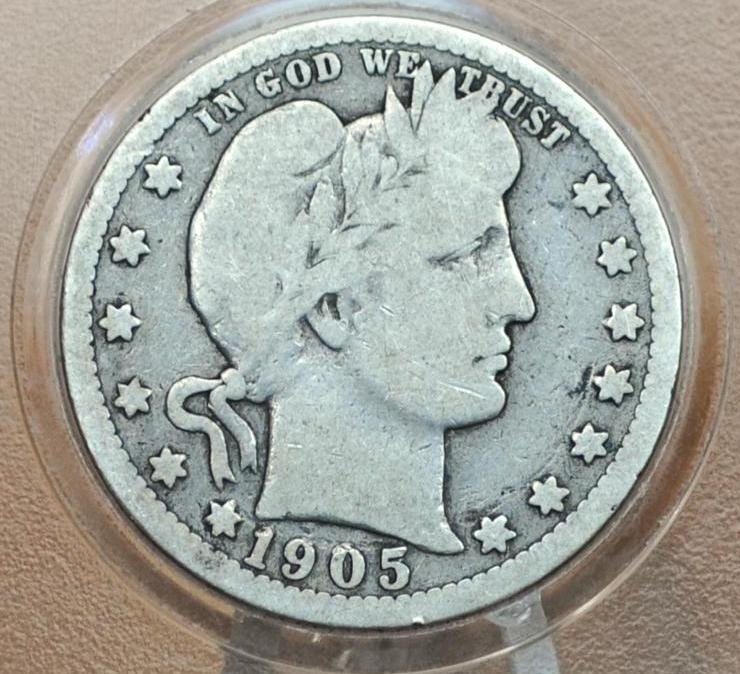 1905 Barber Silver Quarter - VG, Great Coin - Philadelphia Mint - 1905P Barber Quarter - 1905-P Quarter, Better Date!