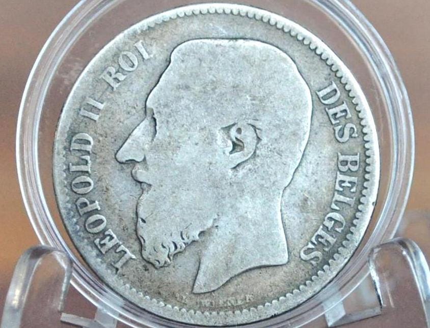 1866 Belgian 2 Franc Silver - Leopold II - 80% Silver Belgian 1 Franc Coin 1886