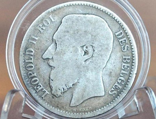 1866 Belgian 2 Franc Silver - Leopold II - 80% Silver Belgian 1 Franc Coin 1886