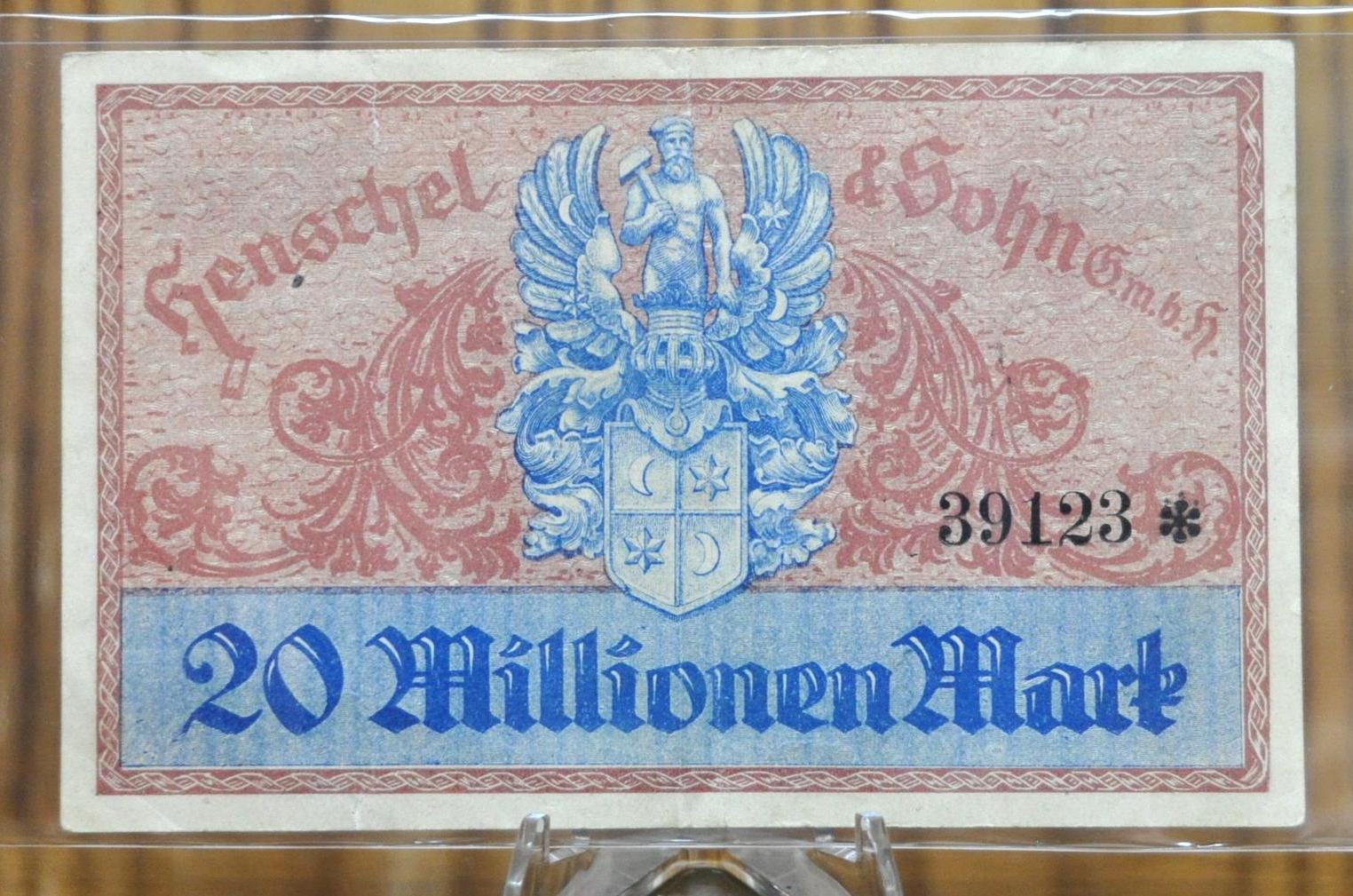 1923 20 Million Mark German Paper Note - Henschel & Sohn Cassel Train Note - WWI Hyperinflation Note - 1923 Twenty Million Mark Note