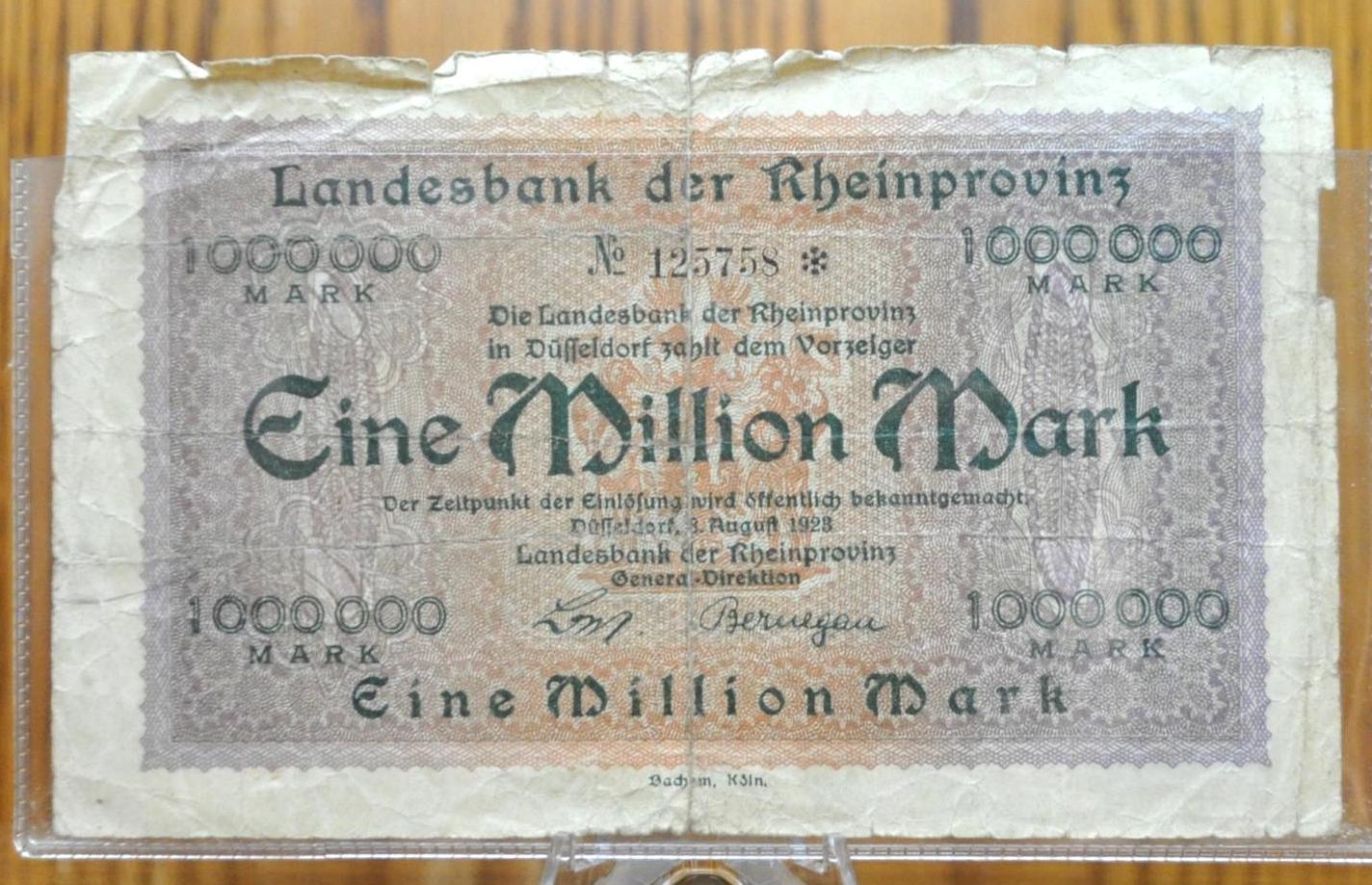 1923 1 Million Mark German Paper Bank Note- Rheinprovinz, Dusseldorf- Great Condition- WWI era inflation note- 1923 One Million Marks Note