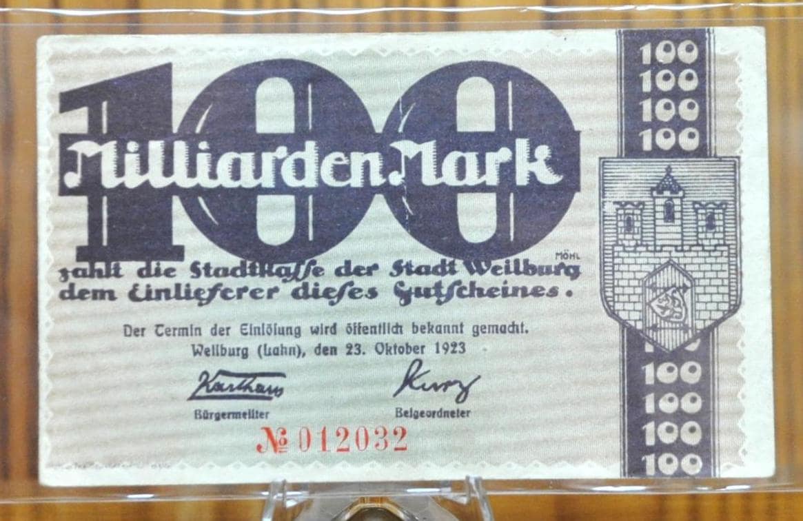 1923 100 Billion Mark German Paper Note- Weilburg Zepplin Issue- Great Condition, Beautiful Design- Rarer 1923 One Hundred Billion Mark Note