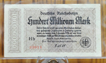 1923 100 Million Mark German Paper Note- Deutsche Reichsbahn Note - WWI Inflation - 1923 One Hundred Million Mark Note - P#S1017a