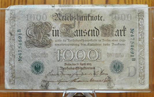 1910 1000 Mark German Paper Note - Reichsbanknote - Green Seal, Reprint Issue - Pre-WWI Germany- 1910 One Thousand Mark Note - P#45b