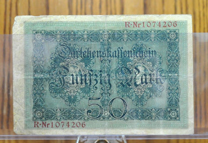 1914 50 Mark German Paper Note - Darlehnskassenschein- Good Condition, WWI note - 7-Digit Serial Number - 1914 Fifty Mark German Note- P#49b