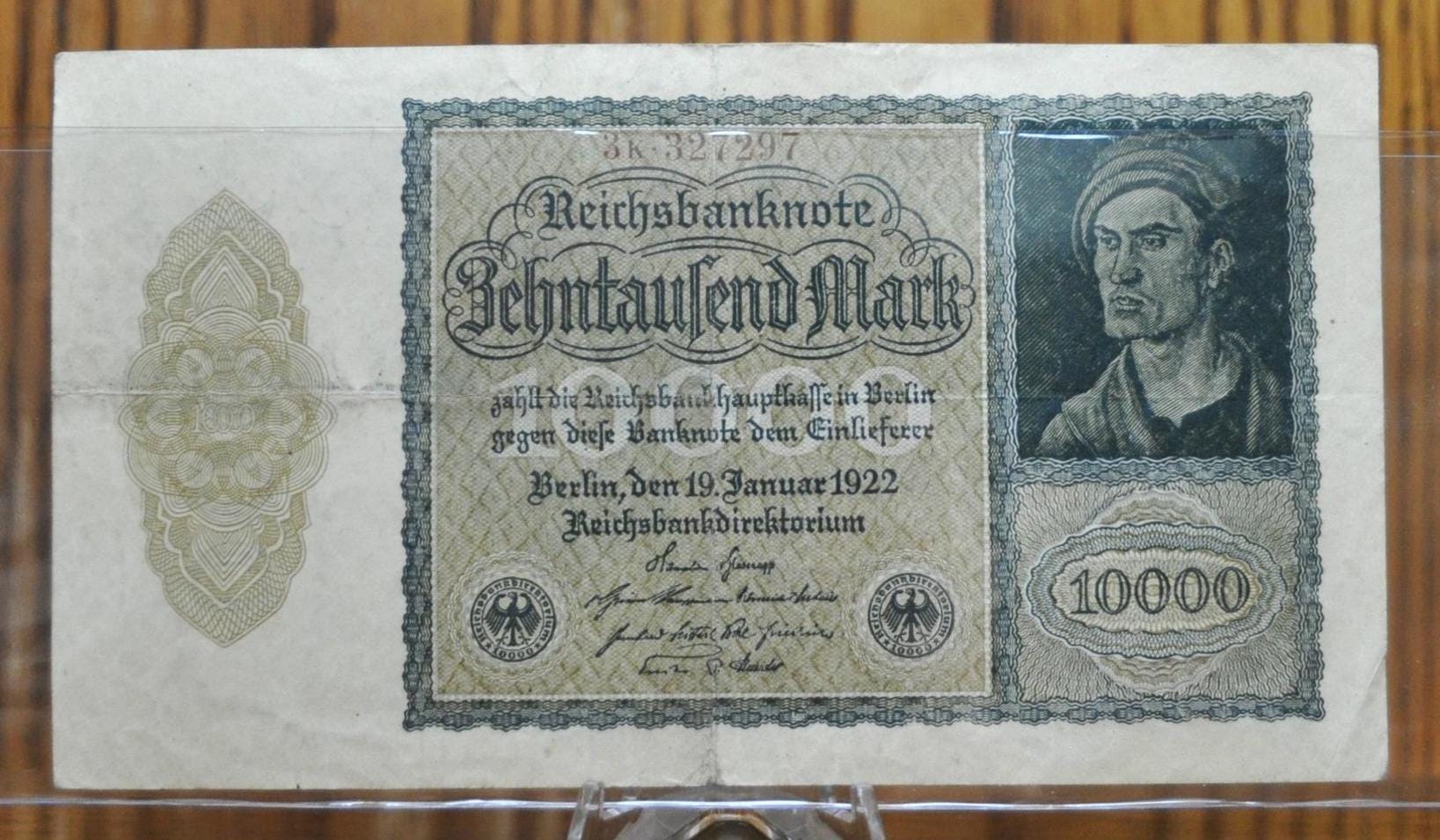 1922 10,000 Mark German Paper Note- Reichsbanknote- First Issue, Vampire Note- Varied Issues and Types- 1922 Ten Thousand Mark Note- P#70-72