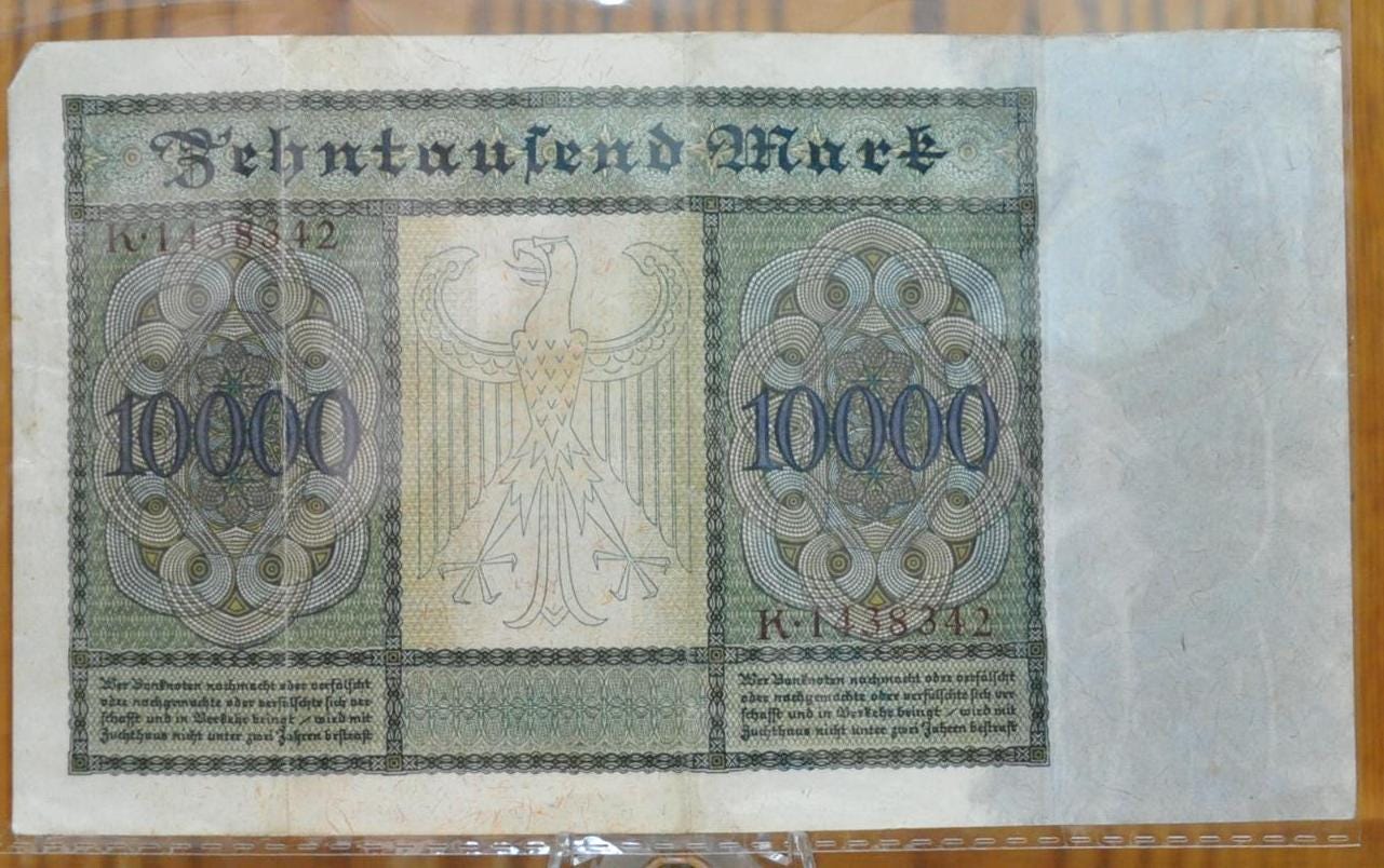 1922 10,000 Mark German Paper Note- Reichsbanknote- First Issue, Vampire Note- Varied Issues and Types- 1922 Ten Thousand Mark Note- P#70-72