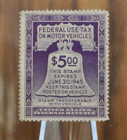 1945 U.S. 5 Dollar Federal Use Tax Motor Vehicle Stamp - WWII Era Stamp - Unused, Excellent Condition - 1945 Federal Motor Vehicle Tax Stamp