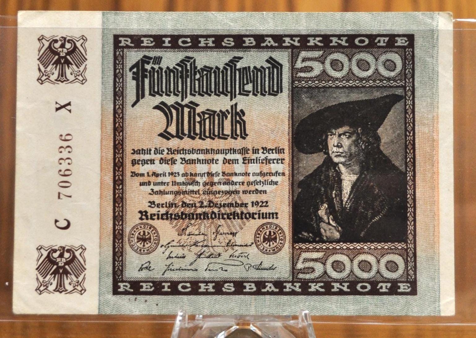 1922 5000 Mark German Paper Note - Reichsbanknote - Choice of Lattice or Star Watermark - 1922 Five Thousand Mark Germany Note - P#81a/81b