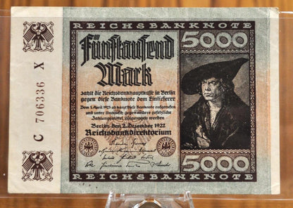1922 5000 Mark German Paper Note - Reichsbanknote - Choice of Lattice or Star Watermark - 1922 Five Thousand Mark Germany Note - P#81a/81b