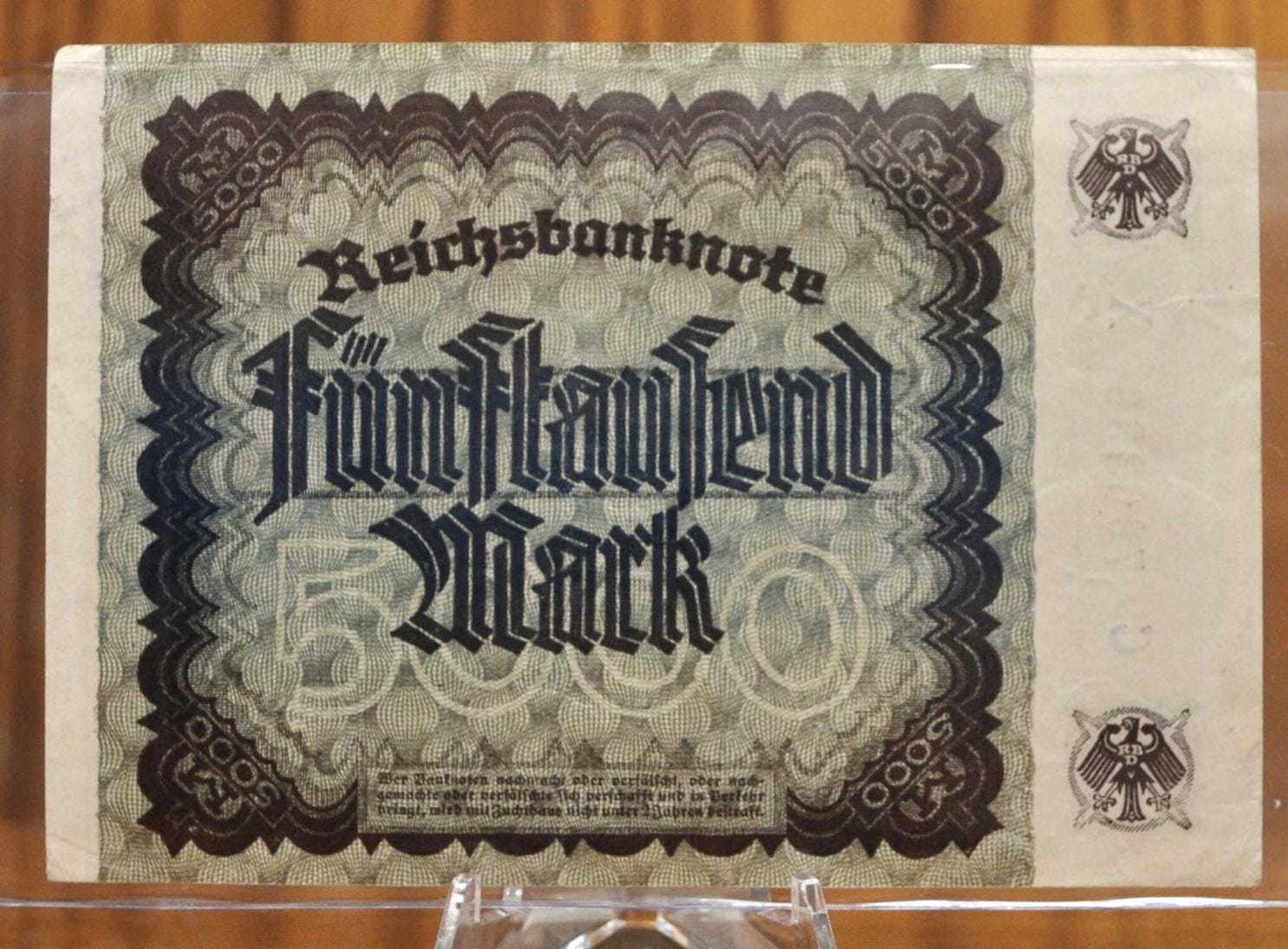 1922 5000 Mark German Paper Note - Reichsbanknote - Choice of Lattice or Star Watermark - 1922 Five Thousand Mark Germany Note - P#81a/81b