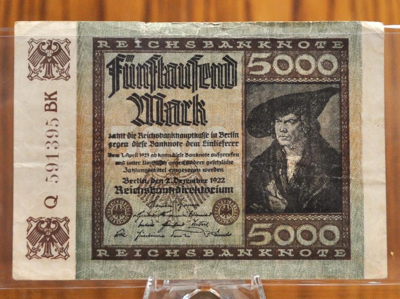 1922 5000 Mark German Paper Note - Reichsbanknote - Choice of Lattice or Star Watermark - 1922 Five Thousand Mark Germany Note - P#81a/81b