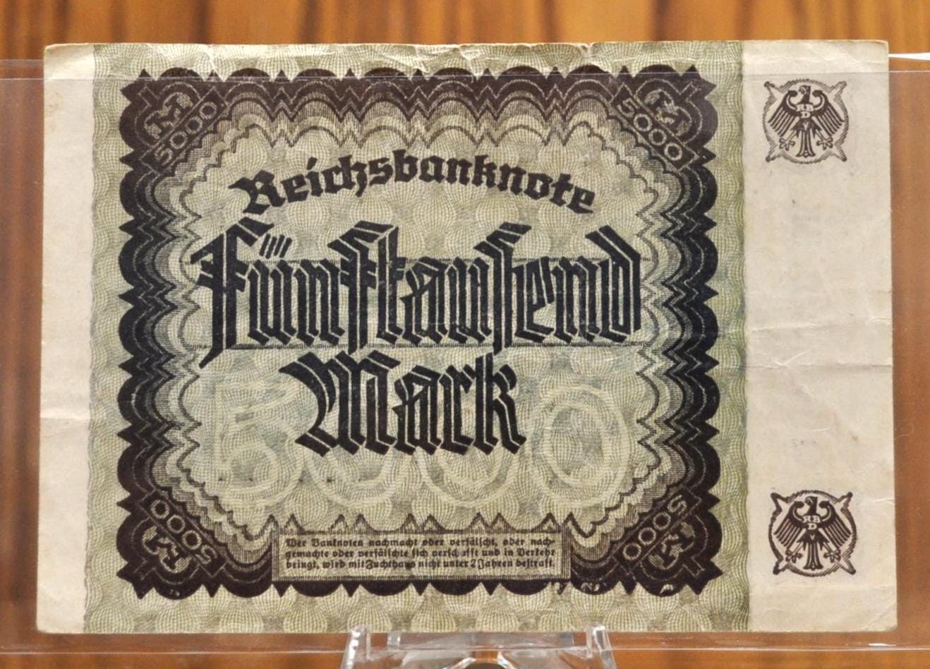 1922 5000 Mark German Paper Note - Reichsbanknote - Choice of Lattice or Star Watermark - 1922 Five Thousand Mark Germany Note - P#81a/81b