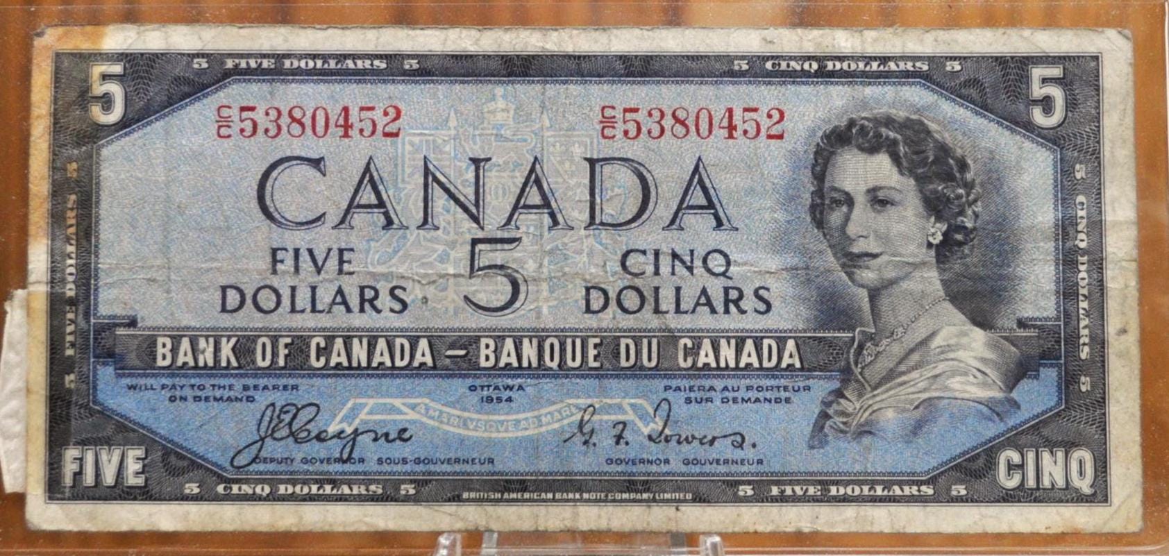 1954 Canadian 5 Dollar Banknote- Devil's Face Hairdo- Coyne/Towers Signatures, Prefix C/C- 1954 Five Dollar Devil's Hair Canada Note - P#68a