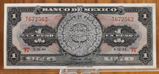 1954 Bank of Mexico 1 Peso Bank Note - Aztec Calendar Design - Series FA - Excellent Condition - 1954 One Peso Mexico Note - P#56b