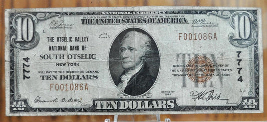 1929 South Otselic New York 10 Dollar National Currency Note - Type 1 Note - 1929 Brown Seal Ten Dollar NY National Bank Note - Fr. 1801-1