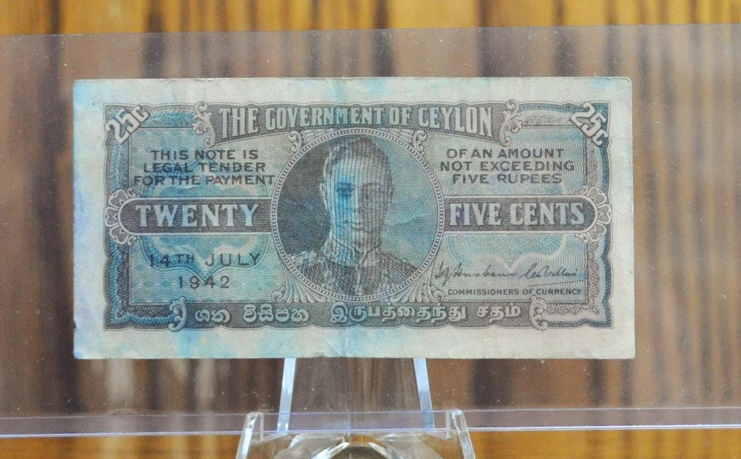 1942 Government of Ceylon 25 Cents Note - WWII Era, King George VI Note - Sri Lanka Note - 1942 British Ceylon Twenty-Five Cents Note- P#44a