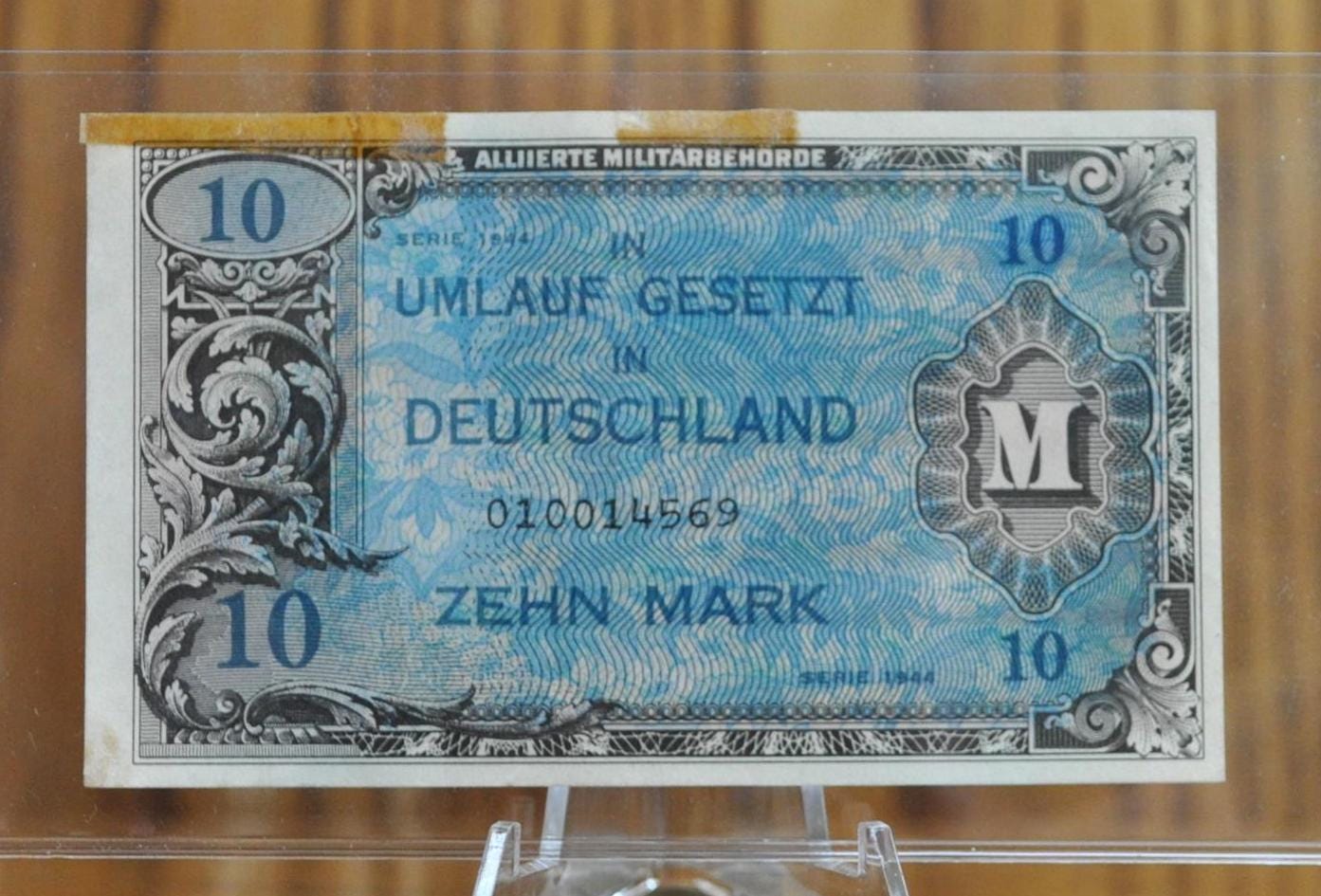 1944 Germany 10 Mark Paper Note - Allied Military WWII Issue, "F" Print - 1944 German Ten Mark Zehn Mark Allied Military Banknote - P#194a