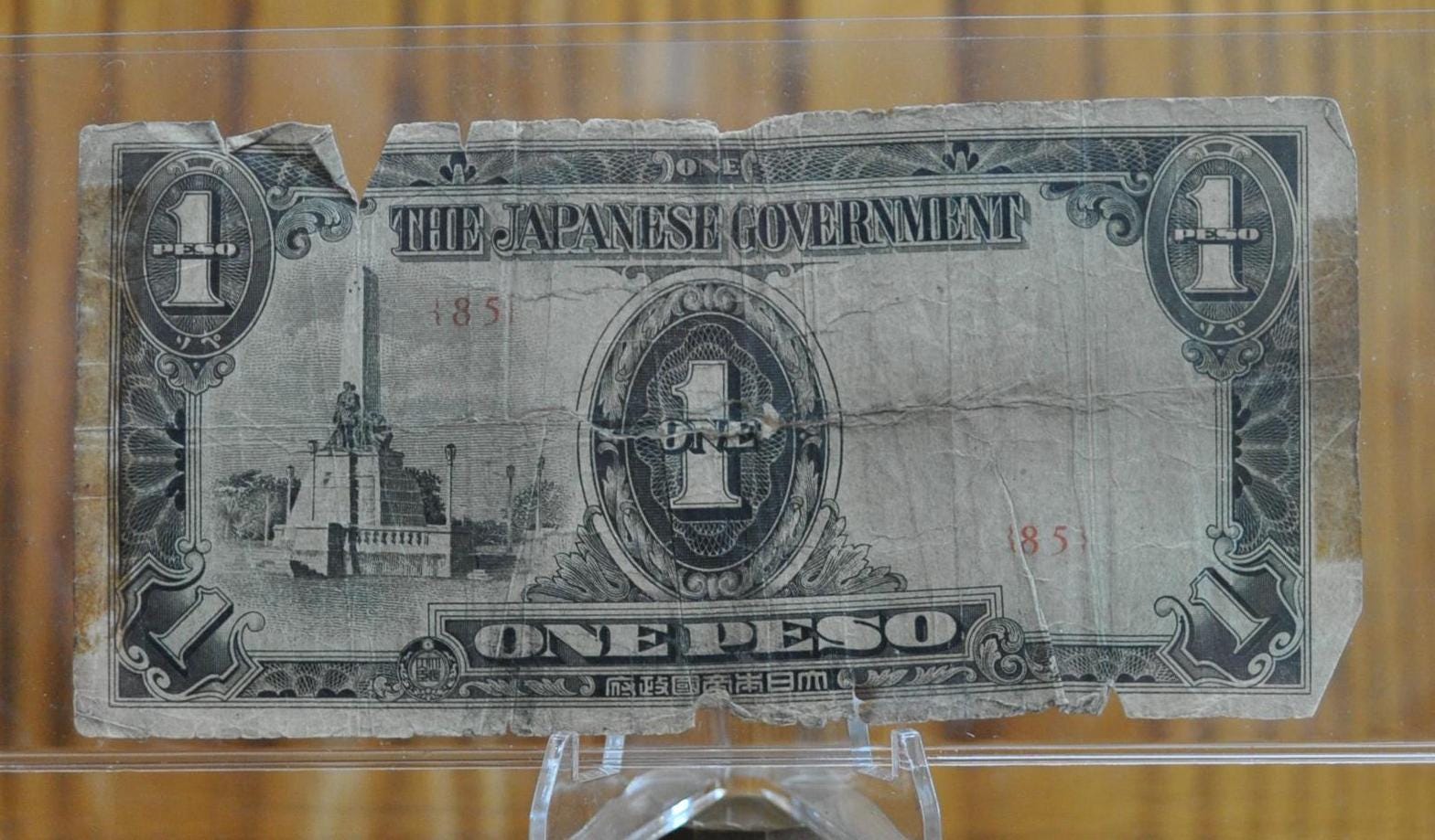 1942 Philippines Japanese Government 1 Peso Note- WWII Occupied Philippines, Block Numbers Only- 1942 Philippines One Peso Bank Note, P#109a