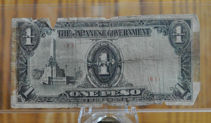 1942 Philippines Japanese Government 1 Peso Note- WWII Occupied Philippines, Block Numbers Only- 1942 Philippines One Peso Bank Note, P#109a