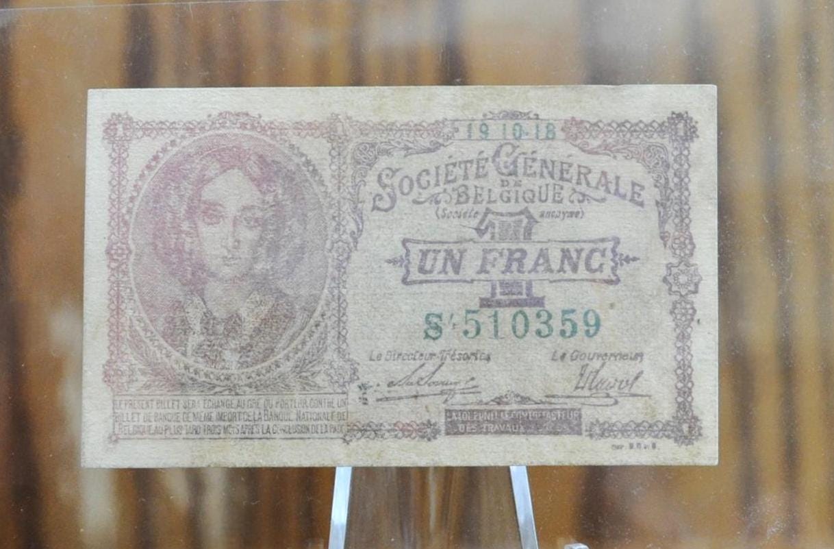 1918 Belgian 1 Franc Small Bank Note - Mauve Ink, 19-10-18 - German Occupation WWI - 1918 Societe Generale One Franc Een Franc Note - P#86b