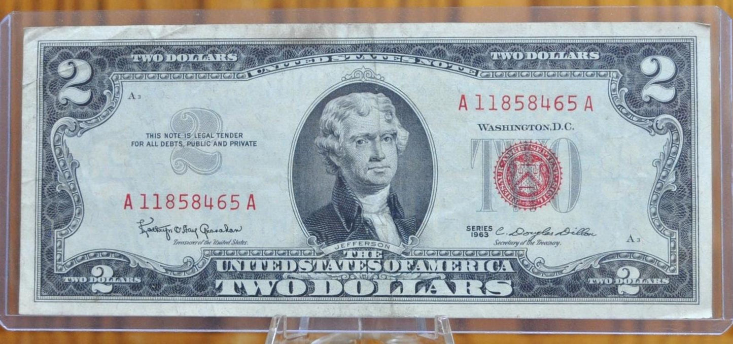 1963 Red Seal 2 Dollar Legal Tender - VG-CU (Very Good to Choice Unc.) Choose by Grade - 1963 2 Dollar Bill 1963 Red Seal Two Dollar Bill