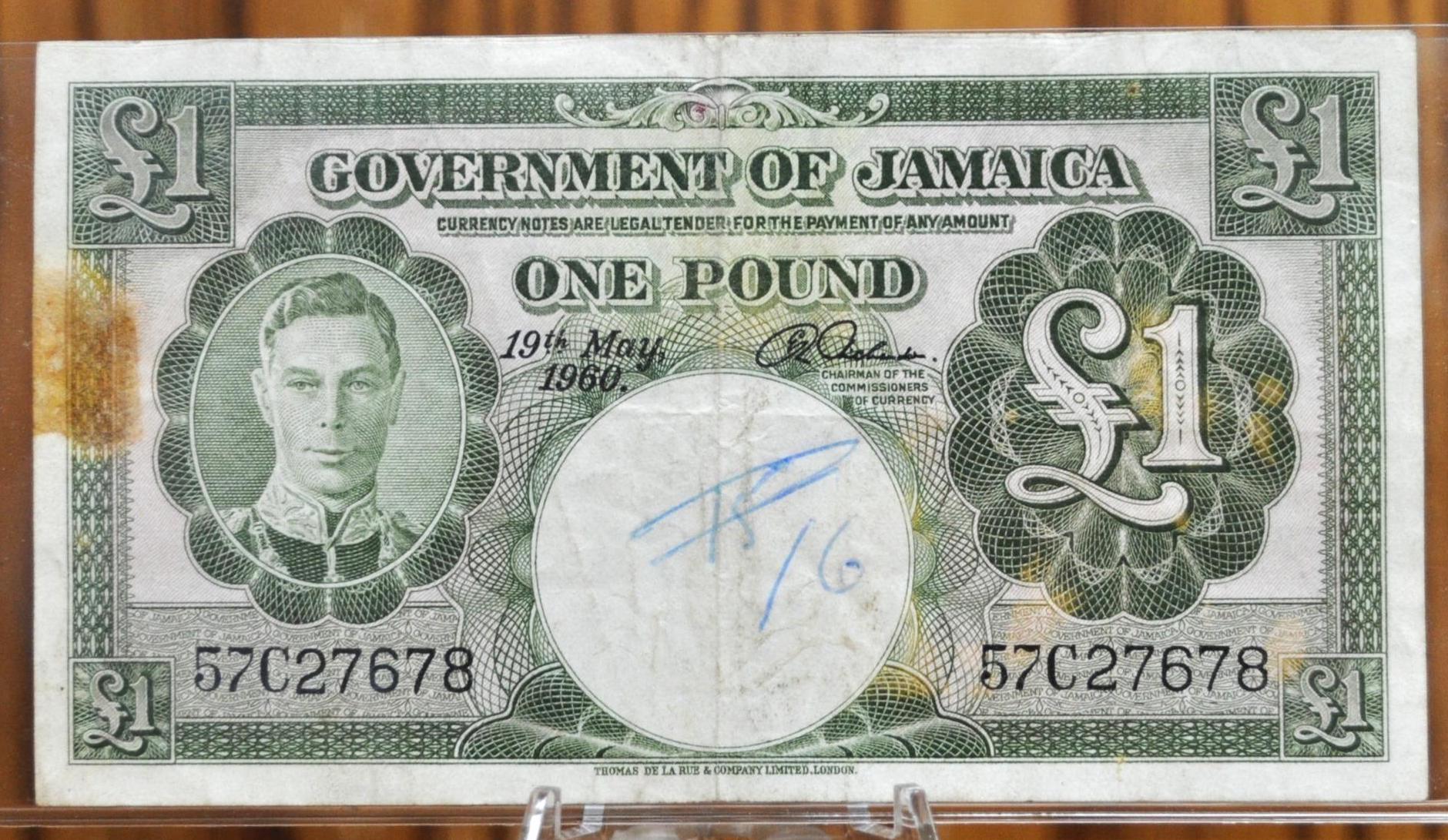 1960 Government of Jamaica 1 Pound Banknote - Rarer 19th May 1960 Issue - King George VI - 1960 British Jamaica One Pound Note - P#47