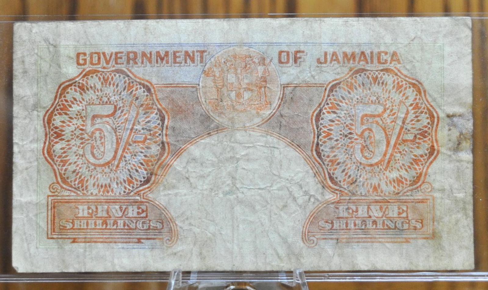 1958 Government of Jamaica 5 Shillings Banknote - 15th August 1958 Issue - King George VI - 1958 British Jamaica Five Shilling Note - P#37b