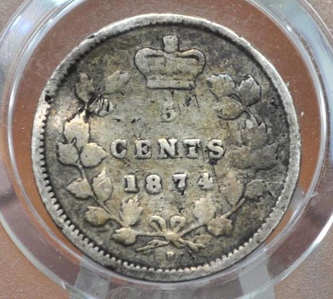 1874 Canadian Silver 5 Cent Coin - F (Fine) Grade / Condition - Queen Victoria Canada 5 Cent Sterling Silver 1874, Low Mintage Date