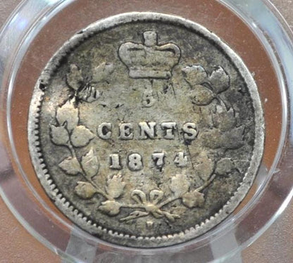1874 Canadian Silver 5 Cent Coin - F (Fine) Grade / Condition - Queen Victoria Canada 5 Cent Sterling Silver 1874, Low Mintage Date