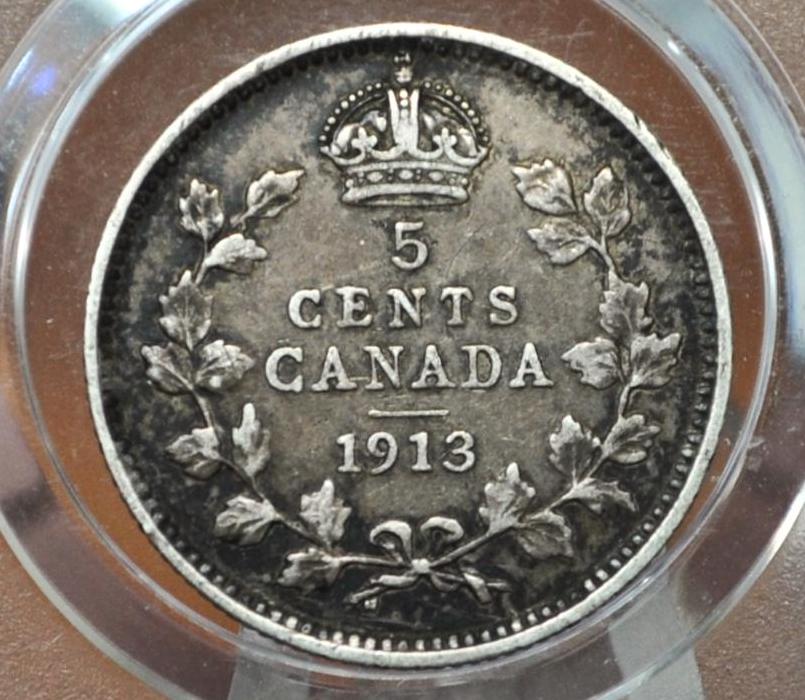 1913 Canadian Silver 5 Cent Coin - VF (Very Fine) - King George - Canada 5 Cent Sterling Silver 1912 Canada