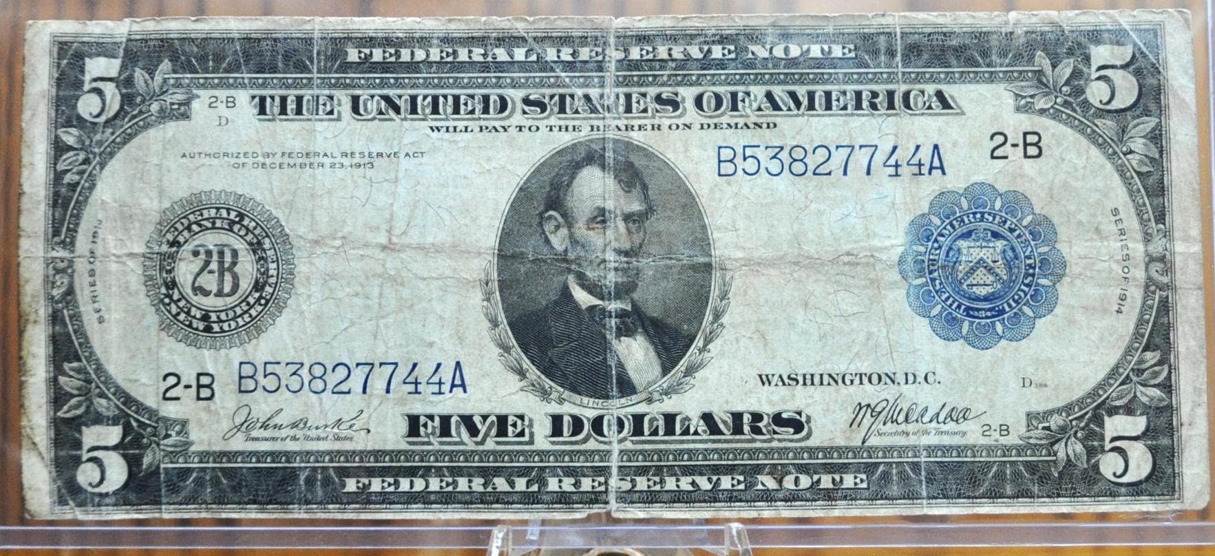 1914 5 Dollar Federal Reserve Note Large Size - G (Good) - Burke / Mcadoo Signatures - 1914 New York Five Dollar Bill Large Note - Fr#848