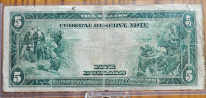 1914 5 Dollar Federal Reserve Note Large Size - G (Good) - Burke / Mcadoo Signatures - 1914 New York Five Dollar Bill Large Note - Fr#848