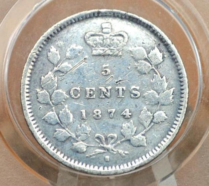 1874 Canadian Silver 5 Cent Coin - F (Fine) Grade / Condition - Queen Victoria Canada 5 Cent Sterling Silver 1874, Low Mintage Date