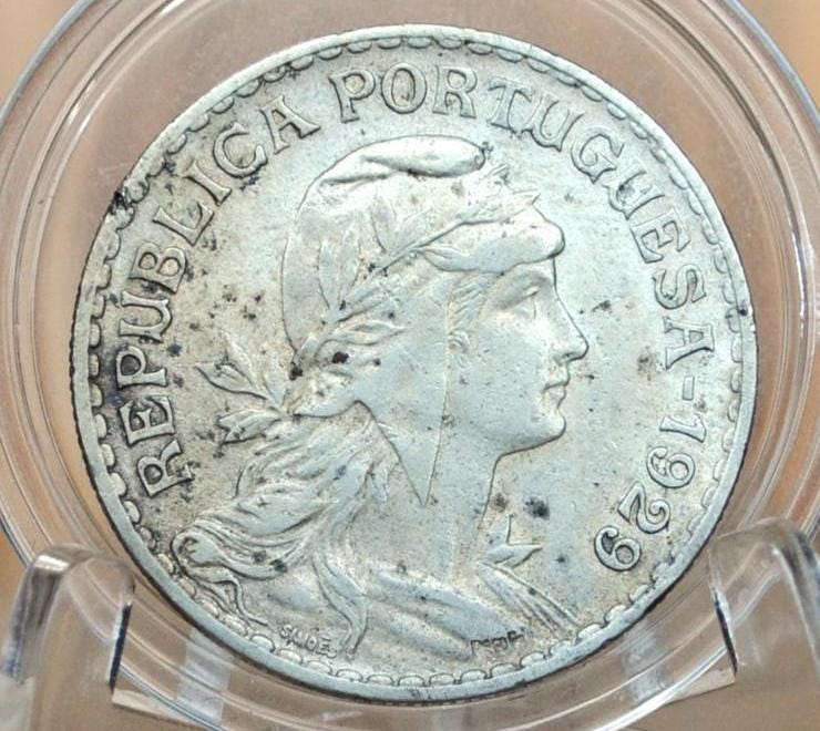 1929 Portuguese 1 Escudo Portugal - AU Details - Beautiful Design, Simple - Portuguese Coin