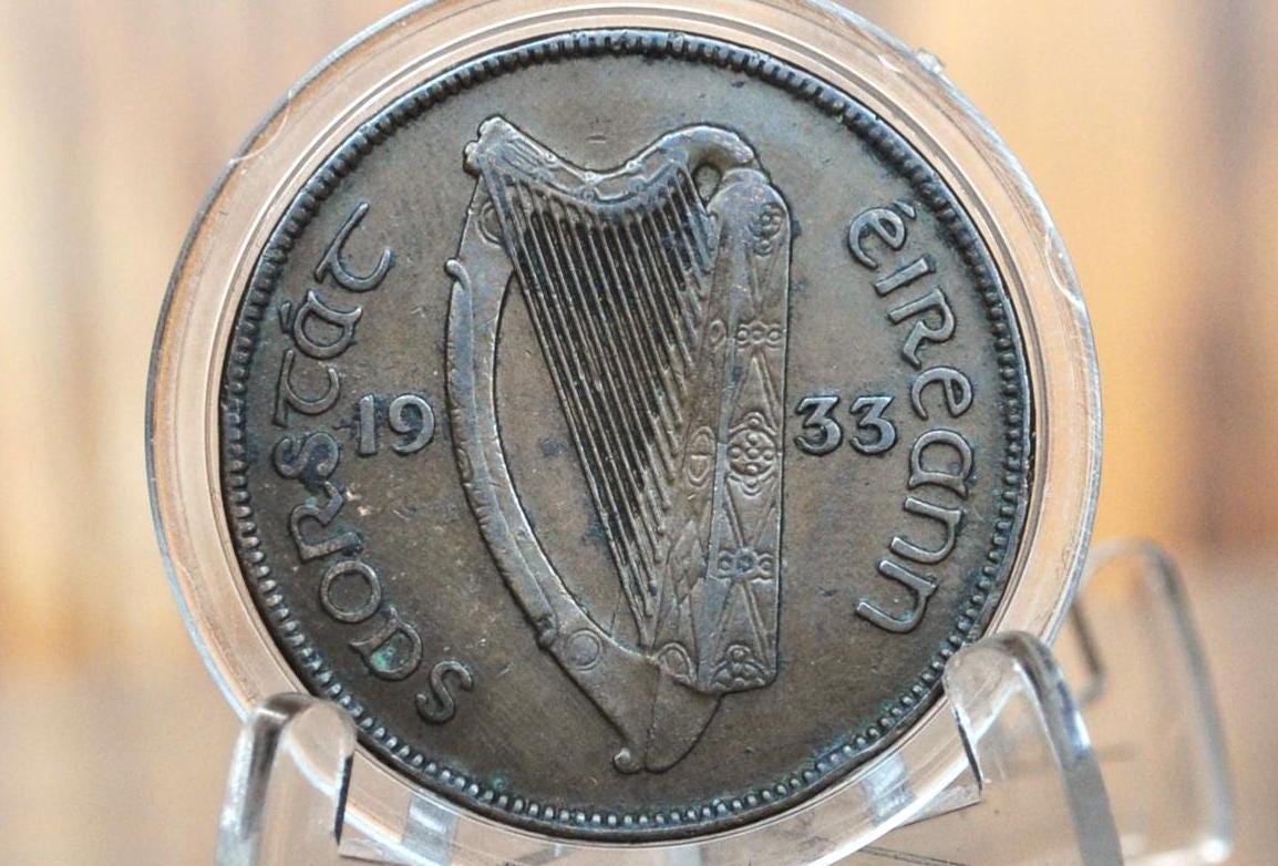 1933 Irish 1 Penny Coin - Rarer Date! - Ireland 1933 One Penny Ireland - Hen with Chicks Design Irish Coins - Gaelic Writing, Harp Coin