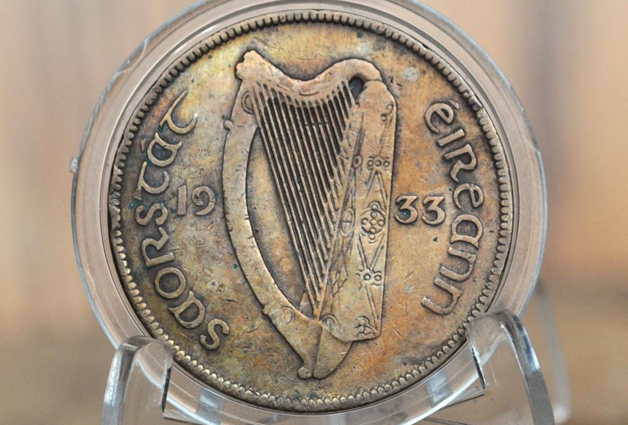 1933 Irish 1 Penny Coin - Rarer Date! - Ireland 1933 One Penny Ireland - Hen with Chicks Design Irish Coins - Gaelic Writing, Harp Coin