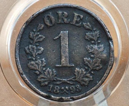 1893 Norway 1 Ore Coin - XF, Minor Damage - Norwegian One Ore Coin 1893, Lower Mintage Coin, Few Surviving