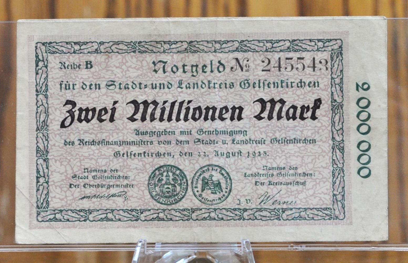 1923 2 Million Mark Gelsenkirchen German Notgeld Note - Gelsenkirchen Inflation Issue - WWI era note - 1923 Two Million Marks Emergency Note