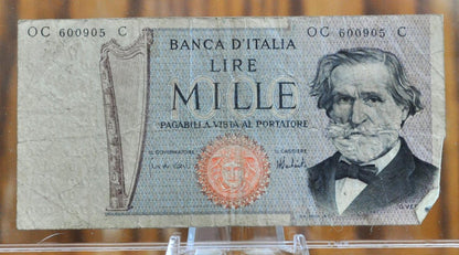 1975-77 Bank of Italy 1000 Lire Italian Banknote- Giuseppe Verdi Series - Choice of Signatures- 1970s Italy One Thousand Lire Note- P#101d/e