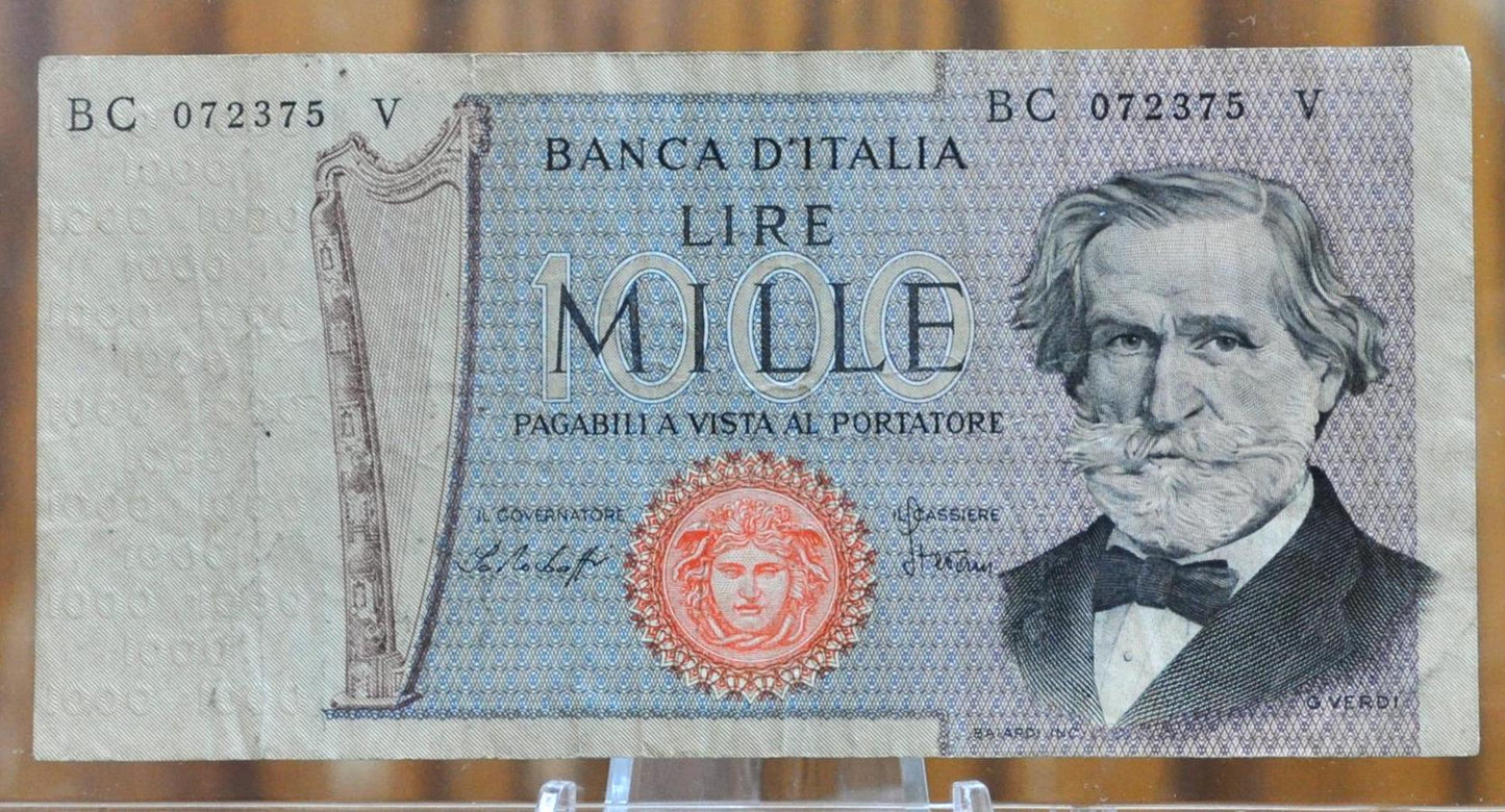 1975-77 Bank of Italy 1000 Lire Italian Banknote- Giuseppe Verdi Series - Choice of Signatures- 1970s Italy One Thousand Lire Note- P#101d/e