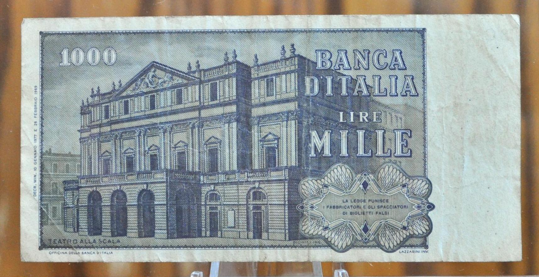 1975-77 Bank of Italy 1000 Lire Italian Banknote- Giuseppe Verdi Series - Choice of Signatures- 1970s Italy One Thousand Lire Note- P#101d/e