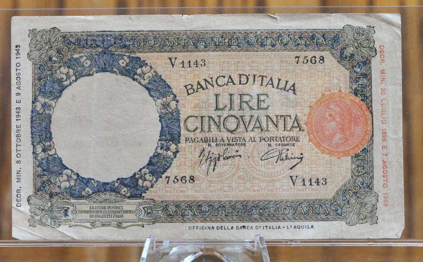 1943 Bank of Italy 50 Lire Note - 8.10.1943 Issue - WW2 Era Lire Banknote - 1943 Banca D'Italia Fifty Lire Note, Rarer issue date - P#66