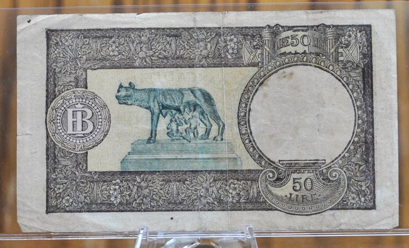 1943 Bank of Italy 50 Lire Note - 8.10.1943 Issue - WW2 Era Lire Banknote - 1943 Banca D'Italia Fifty Lire Note, Rarer issue date - P#66