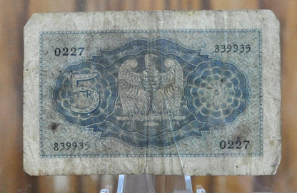 1940 5 Lire Italian Banknote - XF+ Grade - Italy Five Lire Cinque Lire Banknote 1940 King Vittorio Emanuele III, Cool Old Banknote from WWII