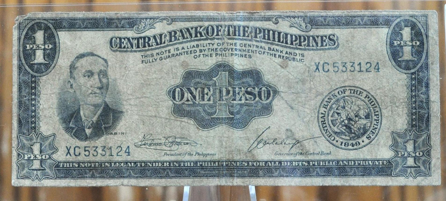 1949 Central Bank of the Philippines 1 Peso Note - Mabini Portrait - 1949 Filipino One Peso Note - Post-WWII era - P#133h, Signature 7